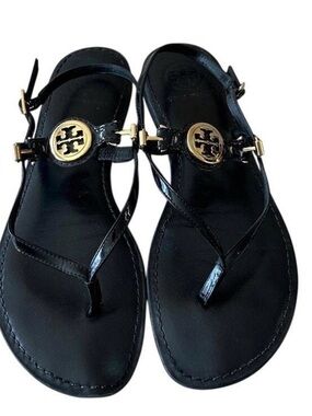 Tory Burch Black Patent Logo Thong Sandals with Gold Emblem